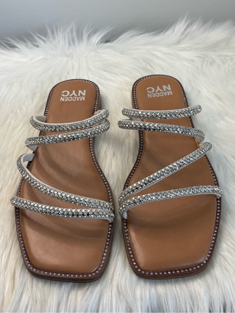 Madden NYC Silver Crystal Strappy Slide Sandals